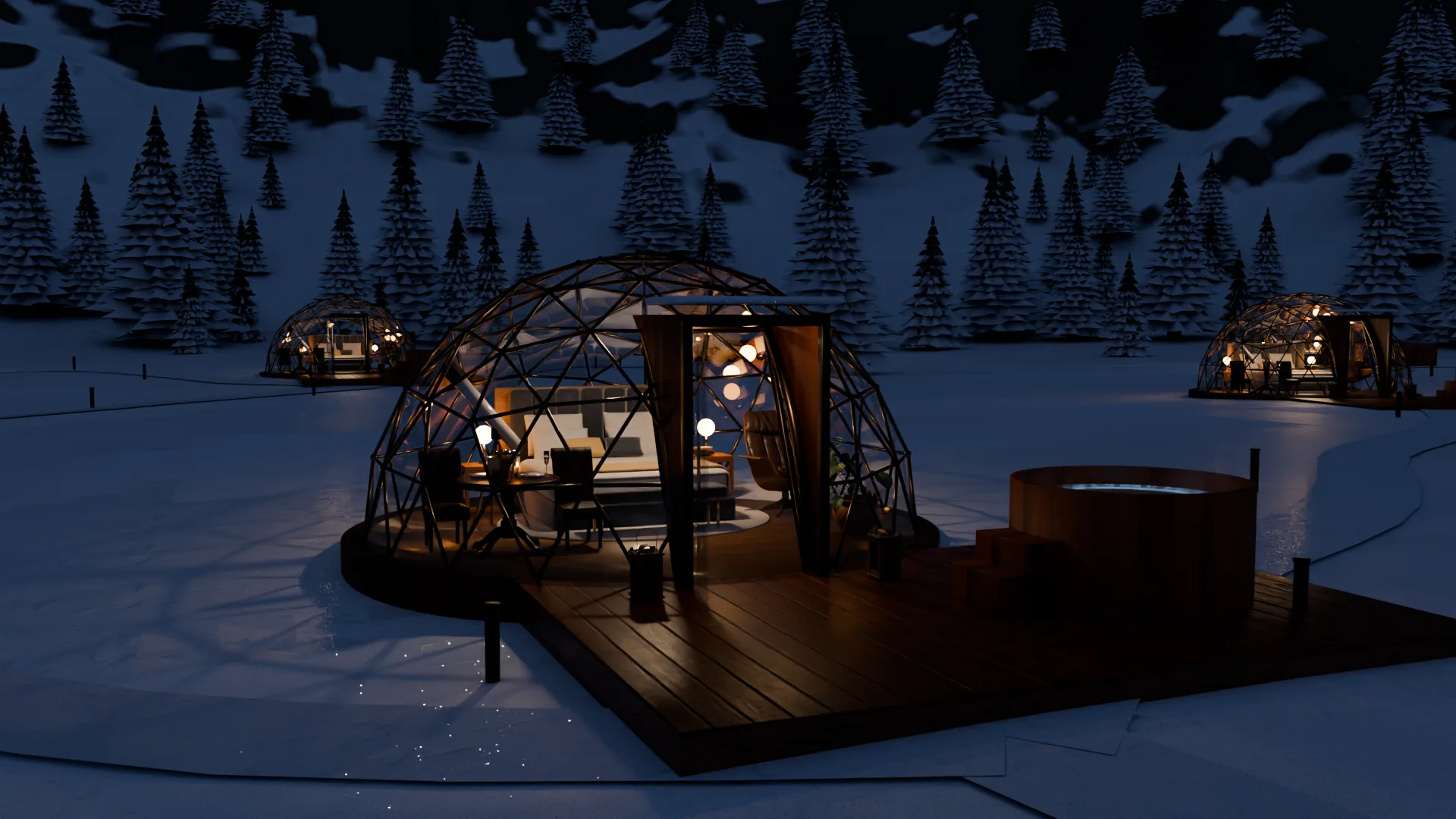 Domo de cristal iluminado con su jacuzzi de cedro sobre la nieve, de noche, entre pinos