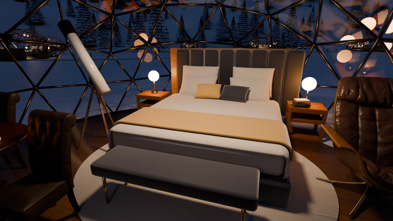 Interior del domo: cama king con cabecero de terciopelo, lámparas cálidas y bosque nevado tras el cristal